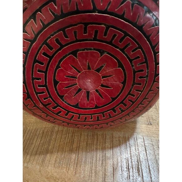 Mexican Handcrafted Decorative Red & Black Lidded Gourd Bowl With Floral & Fish - Picture 6 of 8